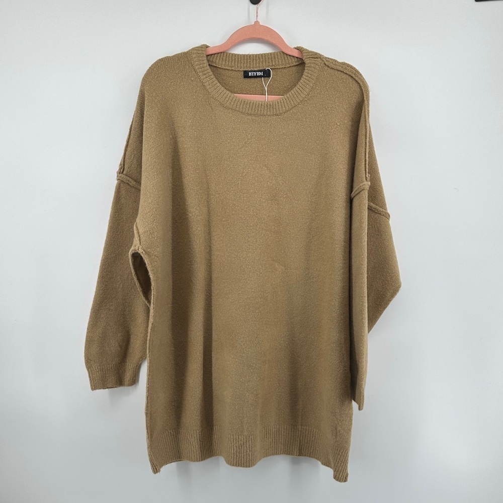 Cottagecore Earthy Neutral‎ Causal Chic Minimalist Stylish Tan Sweater Dress SzL